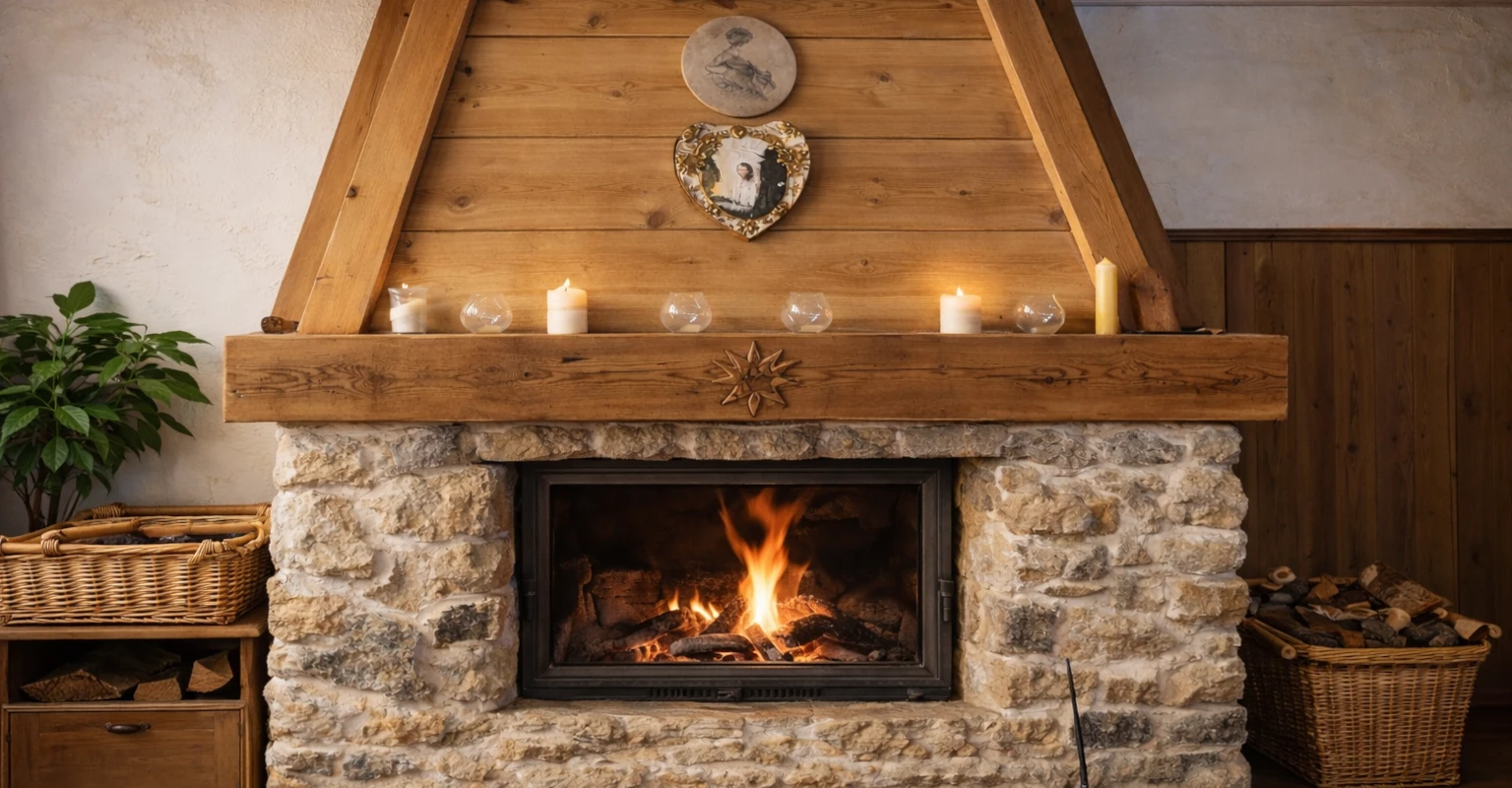 Réalisation de fumisterie avec cheminée en pierre et habillage bois dans une maison rénovée