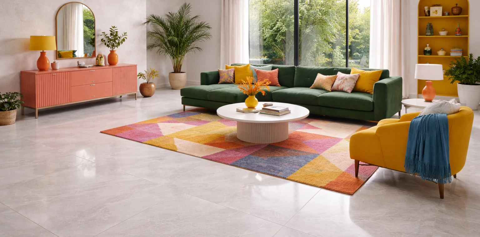 Rénovation de salon moderne avec carrelage grand format et décoration aux couleurs vives