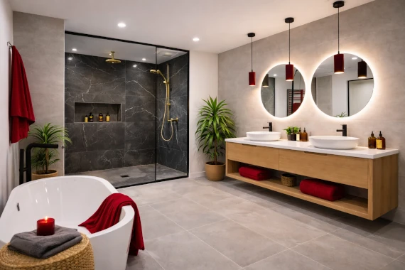 Appareillages électriques installés dans une salle de bain rénovée à Belley