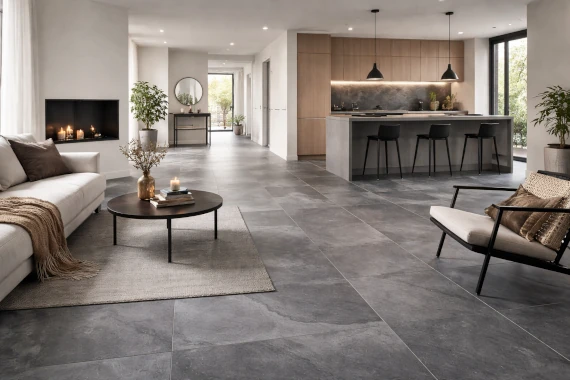 Carrelage posé lors d’une rénovation intérieure complète avec séjour, cuisine et couloir ouverts
