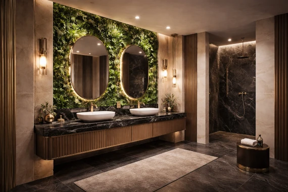 Salle de bains design avec carrelage haut de gamme, mur végétal et double vasque