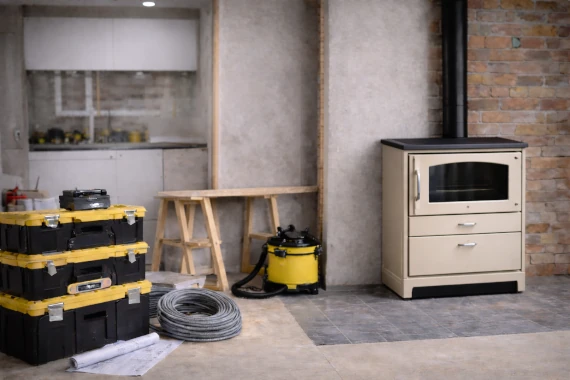 Chantier propre et organisé avec installation soignée d’un poêle de chauffage en rénovation intérieure