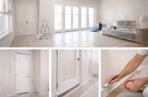 Chantier de rénovation intérieure protégé avec bâches, finitions soignées et application précise de la peinture.
