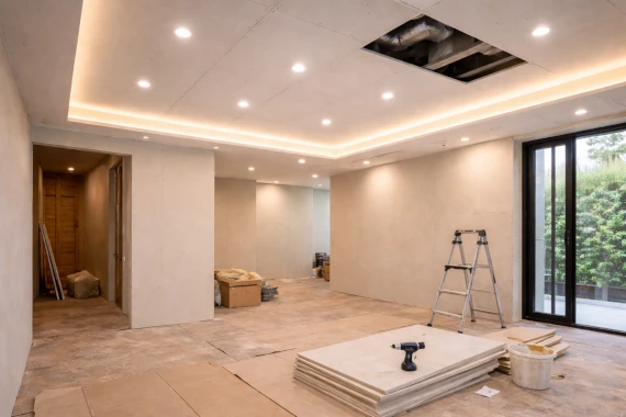 Faux-plafond en placo avec spots encastrés et bandeau lumineux en rénovation intérieure