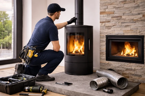 Vérification du raccordement d’un poêle à bois lors de l’installation d’un conduit de fumée.