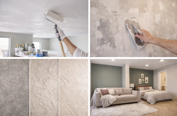 Illustration des travaux de peinture intérieure, enduits de finition, réparation de murs abîmés et effets décoratifs en relief.