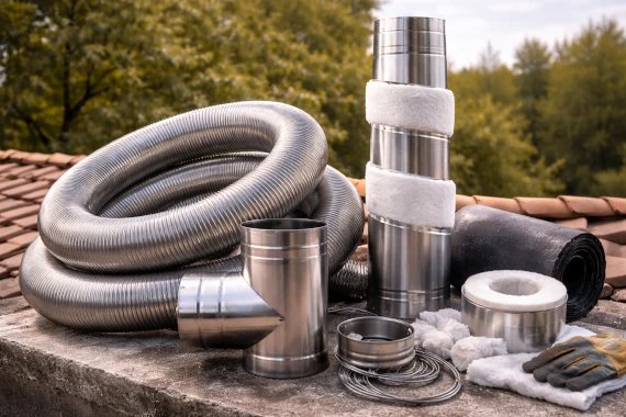 Éléments de tubage inox souple et rigide, avec isolation, adaptés à la rénovation de conduits de fumée.